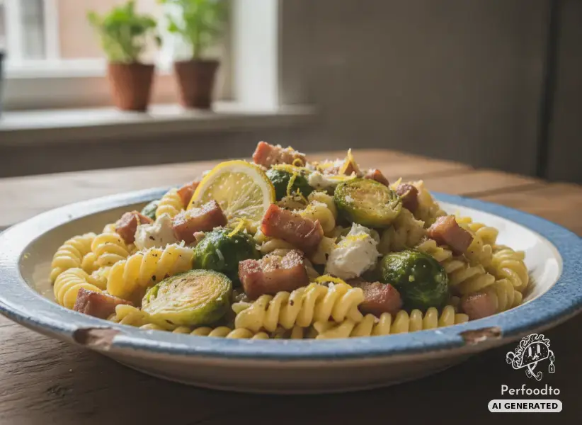 Lemony pasta with Brussels sprouts and crispy bacon