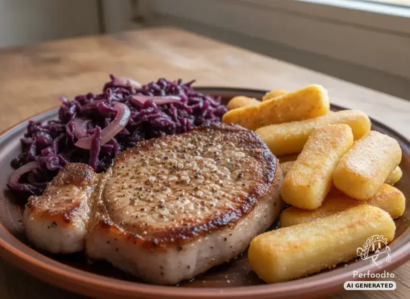 Schweinesteak mit Rotkraut und Schupfnudeln