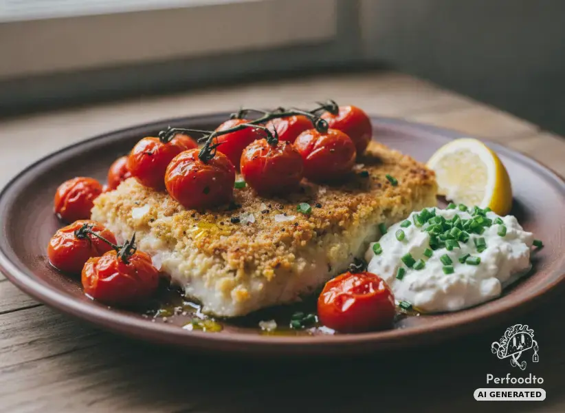 Crispy fish fillet with braised cherry tomatoes and cream cheese dip