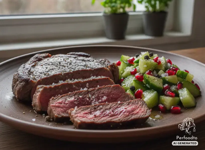 Juicy rump steak with fresh cucumber and pomegranate salad