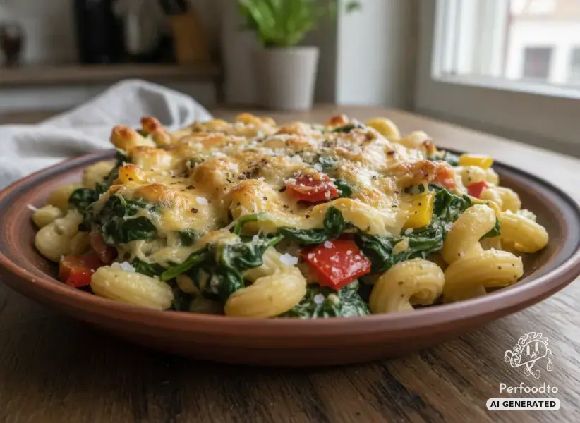 Baked pasta with creamed spinach peppers and mascarpone