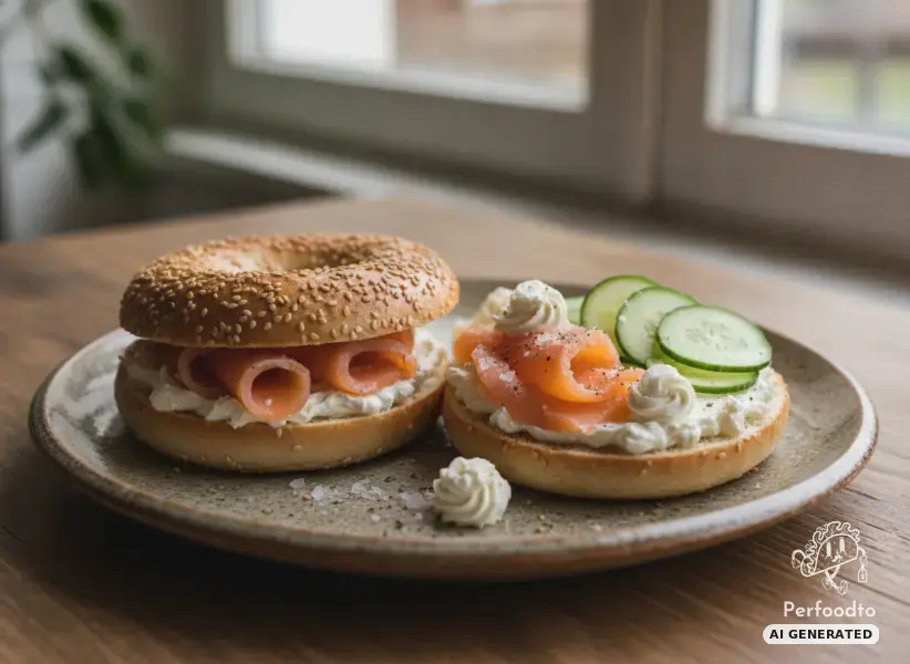 Crispy bagels with smoked salmon, cream cheese and cucumber