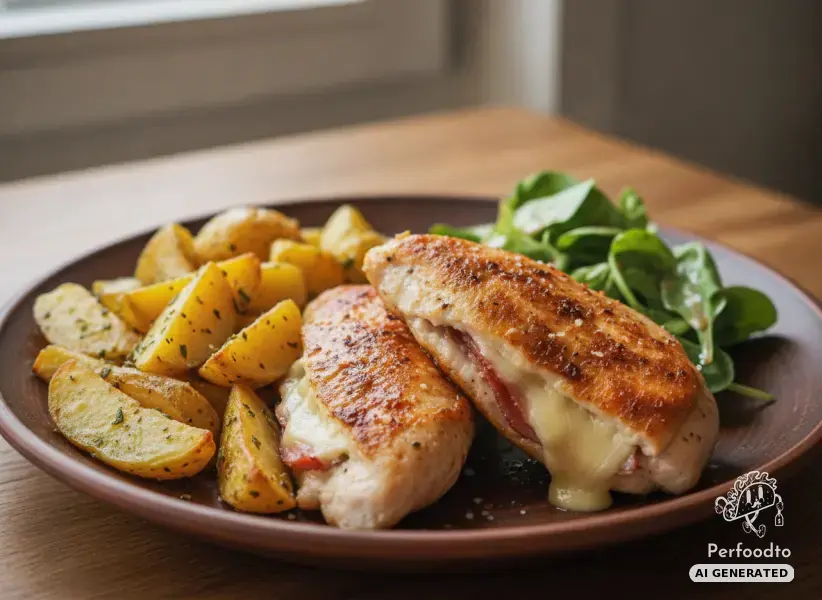 Gefülltes Hühnerfilet mit Schinken und Käse dazu Kartoffeln