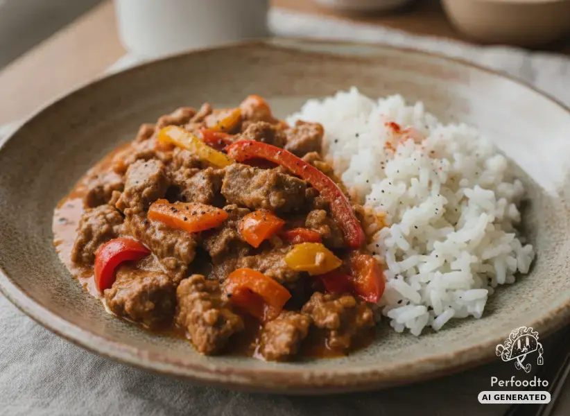 Creamy beef goulash with pointed peppers and rice from the Thermomix