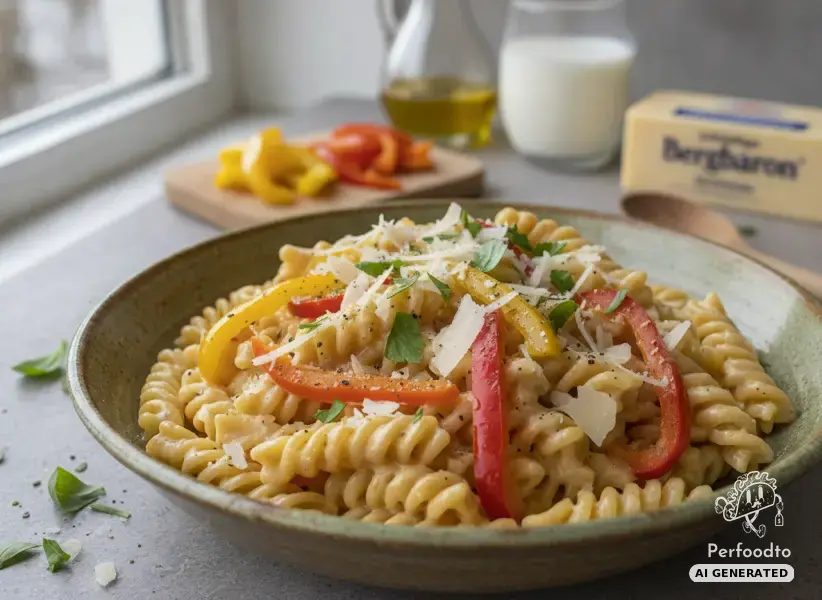 Creamy pasta with colorful bell peppers and Grana Padano