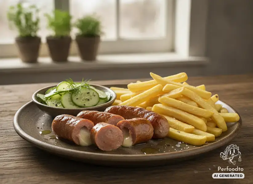 Fried cheese sausages with french fries and cucumber salad