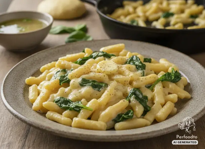 Cremige Käsespätzle aus der Pfanne mit Babyspinat