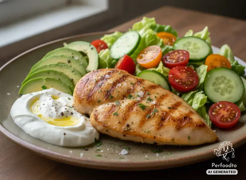 Saftiges Hühnerfilet mit buntem Salat und Avocado