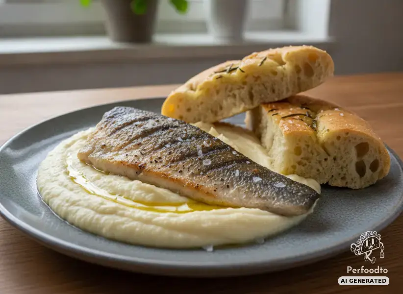 Pan-seared sea bass on cauliflower puree with focaccia