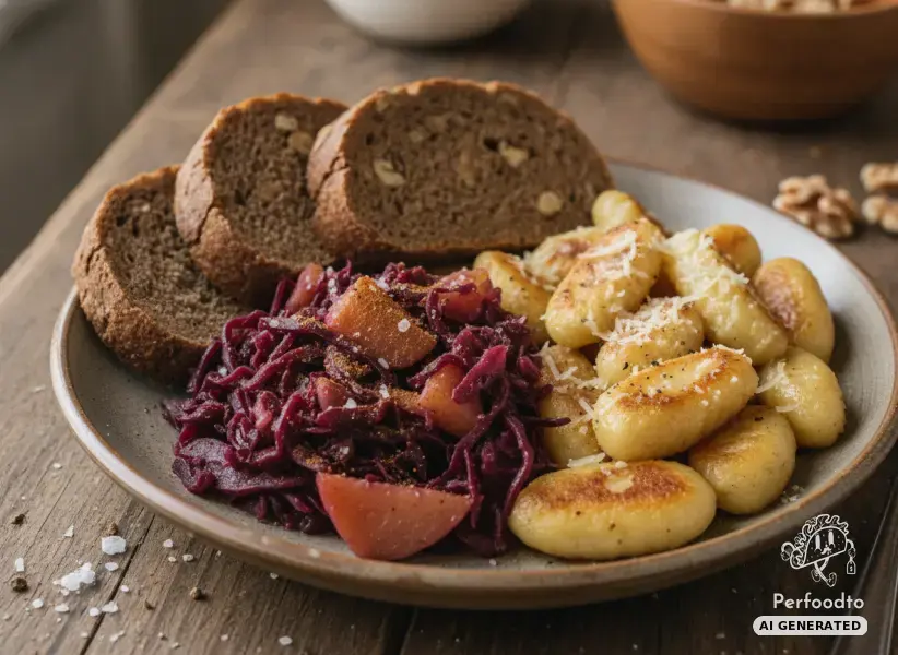 Autumn red cabbage with apples, fried gnocchi and walnut bread