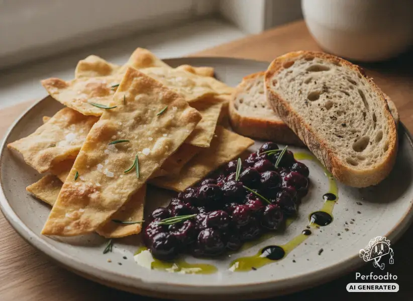 Crispy oven-baked flatbread with fruity blueberry rosemary chutney and toasted organic bread