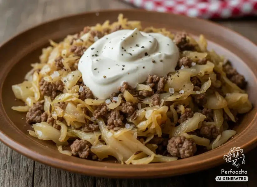 Savory skillet white cabbage with minced meat and sour cream