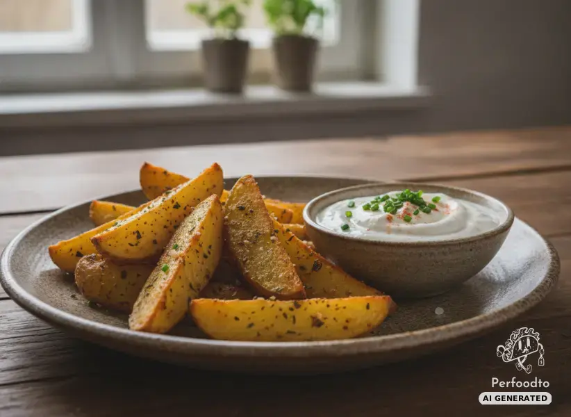 Crispy organic potato wedges with fresh spoonable kefir dip
