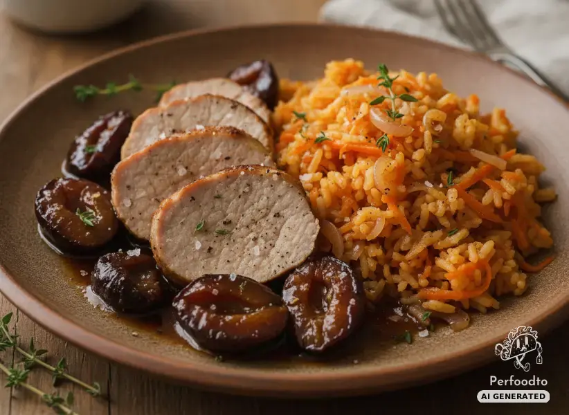 Gebratenes Schweinsfilet mit Pflaumen und Karottenreis