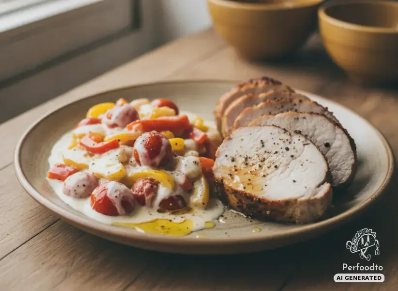 Juicy pork tenderloin with creamy bell pepper and tomato vegetables