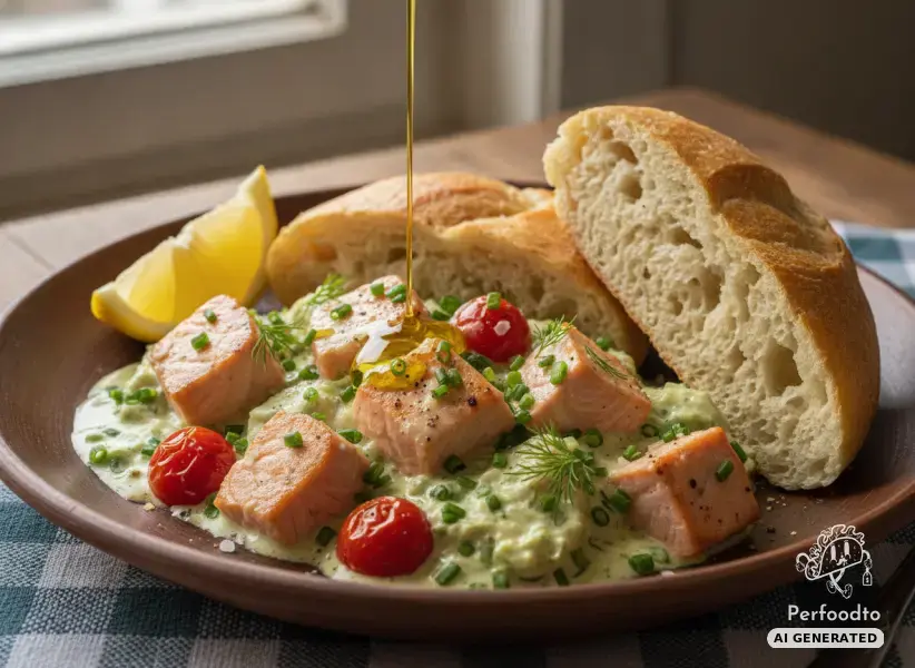 Creamy Skillet with Salmon Cubes and Ciabatta Rolls