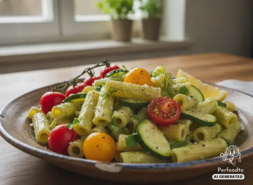 Creamy zucchini and cream cheese pasta with cherry tomatoes