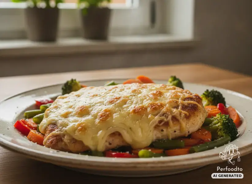 Chicken fillet with cheese crust and vegetables
