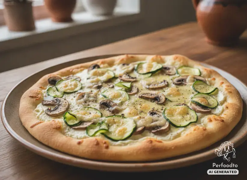 Crispy tarte flambee pizza with mushrooms and zucchini
