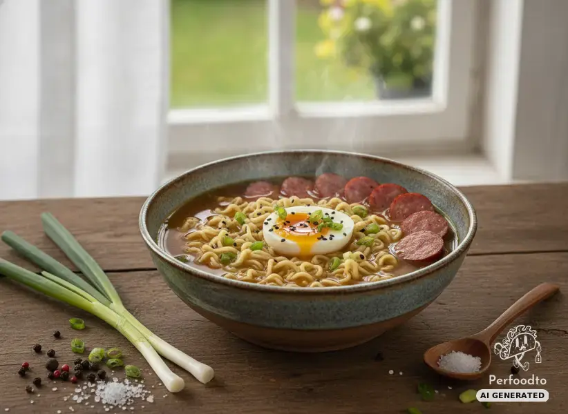 Quick Ramen Noodle Soup with Soft Boiled Egg and Cabanossi from the Thermomix