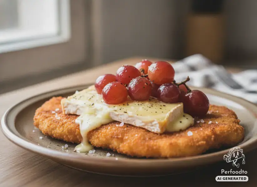 Chicken schnitzel with roasted grapes and brie