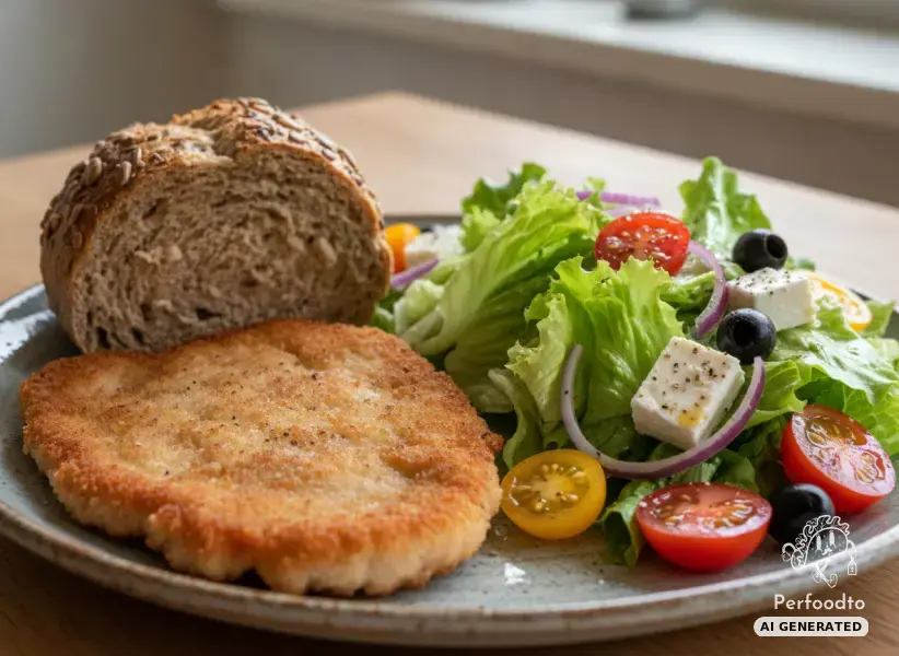 Gebratene Schweineschnitzel mit Sportweckerl und buntem Salat