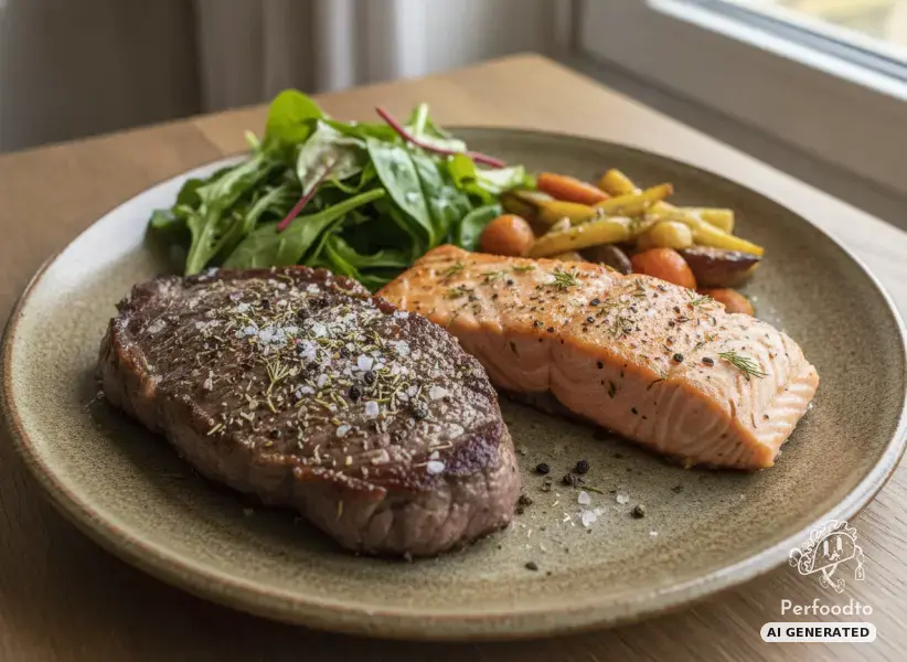 Organic surf and turf with pasture raised beef and salmon