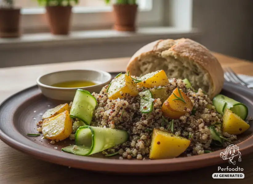 Bunter Quinoa Salat mit gebratenen Erdäpfeln und Gurke