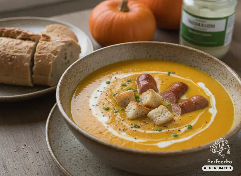 Creamy pumpkin soup with frankfurters and grain baguette from the Thermomix