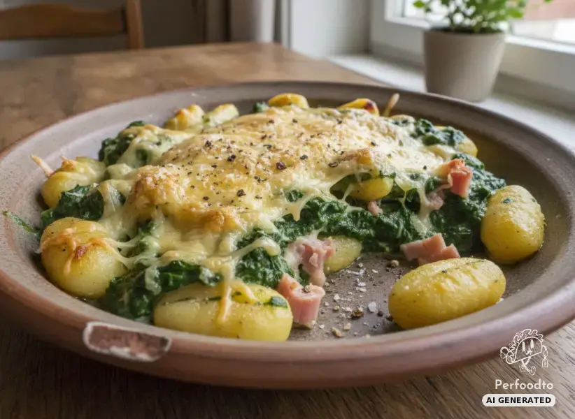 Überbackene Gnocchi in Cremespinat mit Backofenschinken