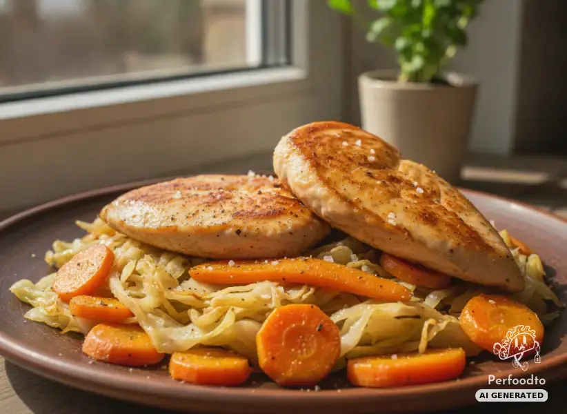 Chicken fillet with fried white cabbage and carrots