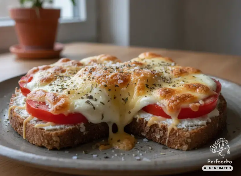 Baked rye bread with tomatoes and mozzarella