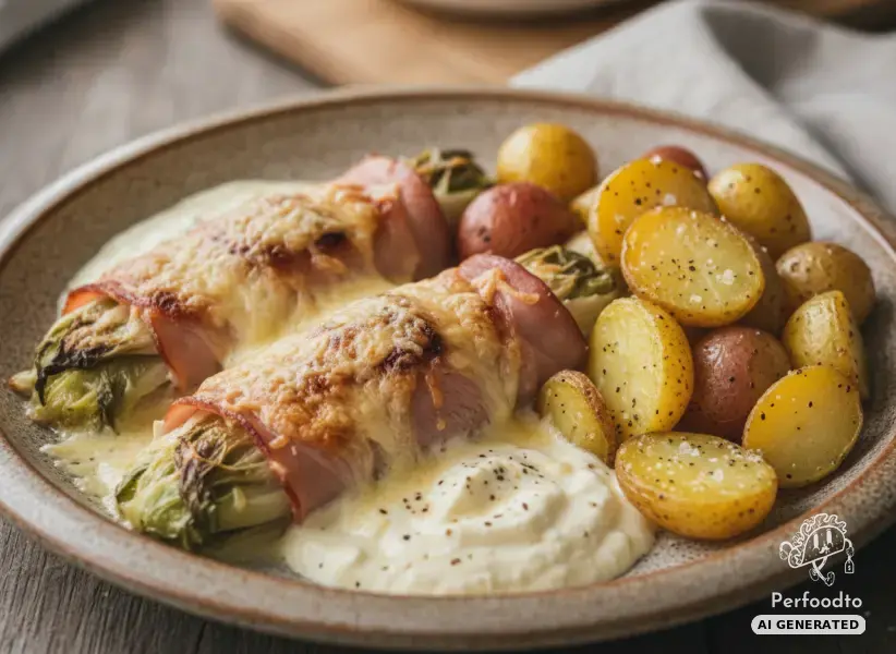 Baked Chicory Wrapped in Ham with Potatoes