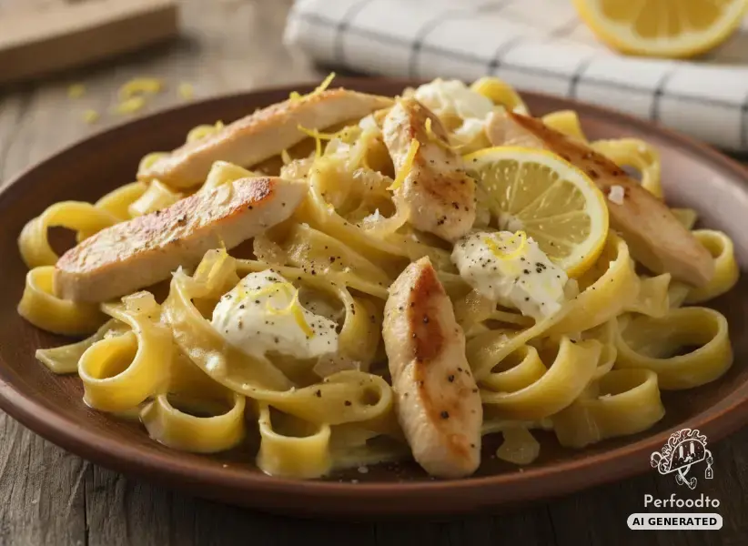 Quick tagliatelle with chicken strips in creamy lemon cream cheese sauce