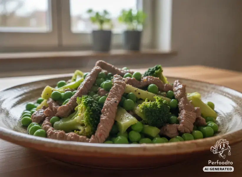 Beef strips with broccoli and peas