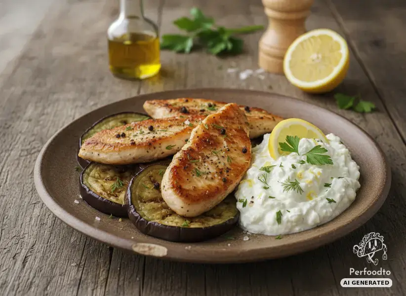 Chicken inner fillets on fried eggplant with lemon quark dip