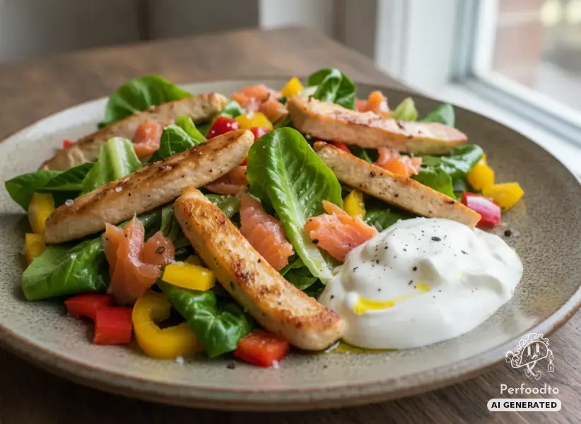 High protein salad with corn-fed chicken and hot-smoked salmon