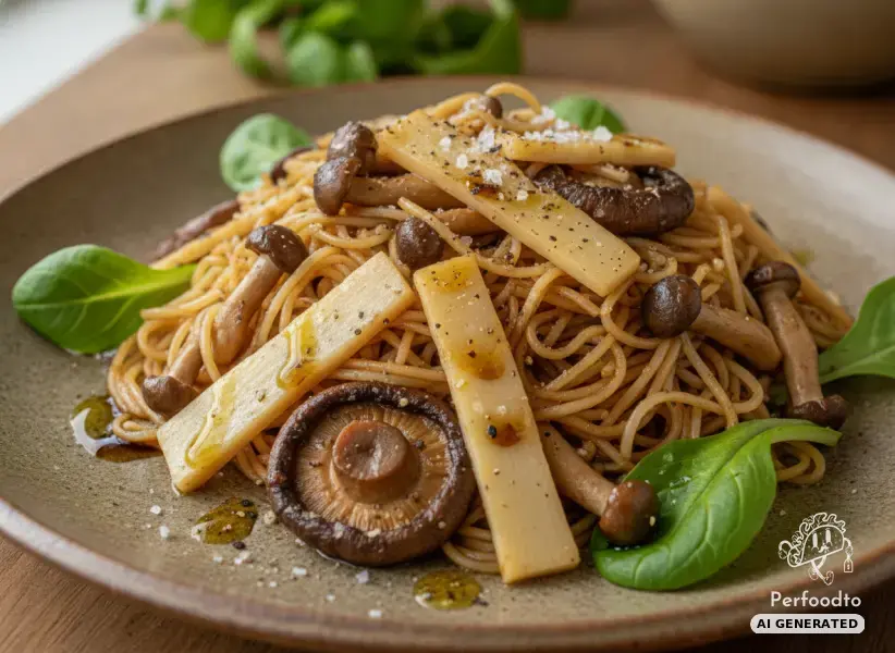 Fried rice noodles with mushrooms and bamboo shoots