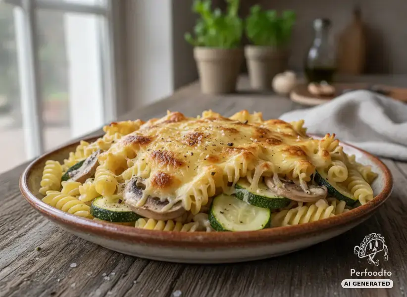 Überbackene Fusilli mit Champignons und Zucchini