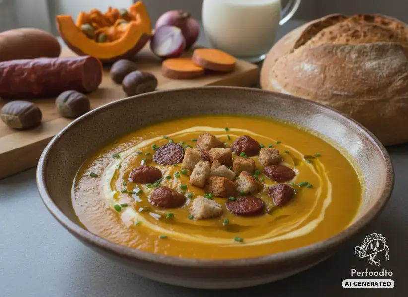 Creamy pumpkin soup with chestnuts and crispy chorizo