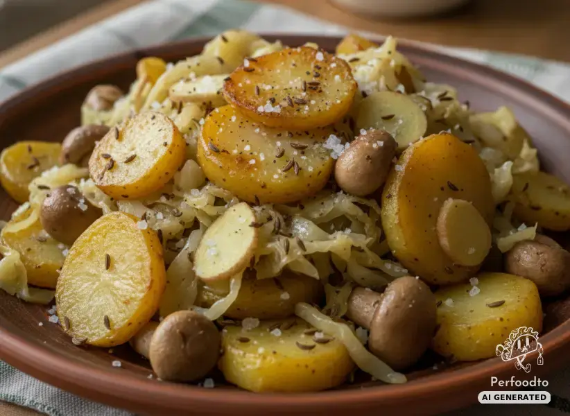 Würzige Erdäpfelpfanne mit Weißkraut und Champignons