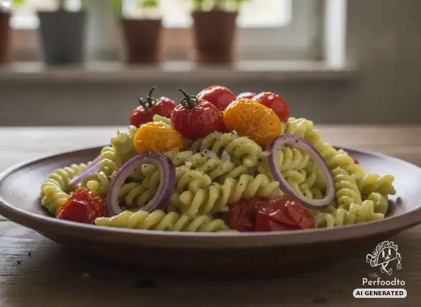 Vegan avocado pasta with braised snack tomatoes