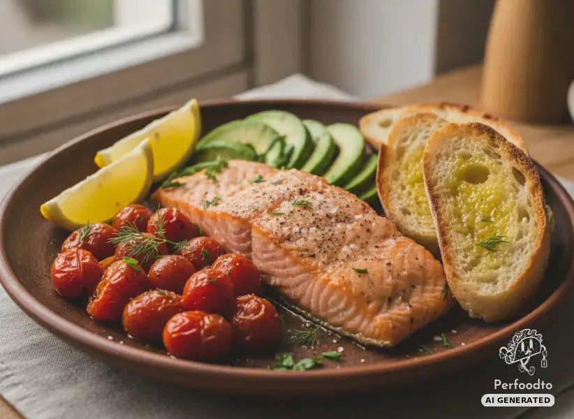 Oven baked salmon with braised cherry tomatoes and avocado