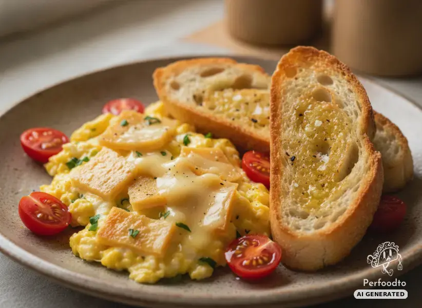 Rührei mit Bergkäse und geröstetem Baguette