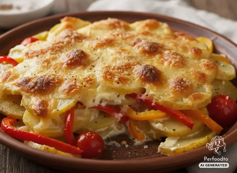 Baked potato casserole with bell peppers and Emmental cheese