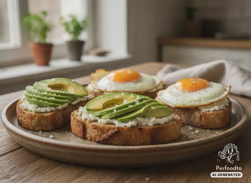 Toasted crusty bread with avocado and fried egg