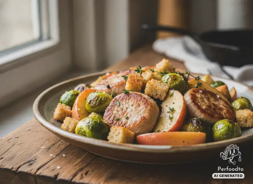 Geröstete Kohlsprossen mit Schweinefilet und Äpfeln