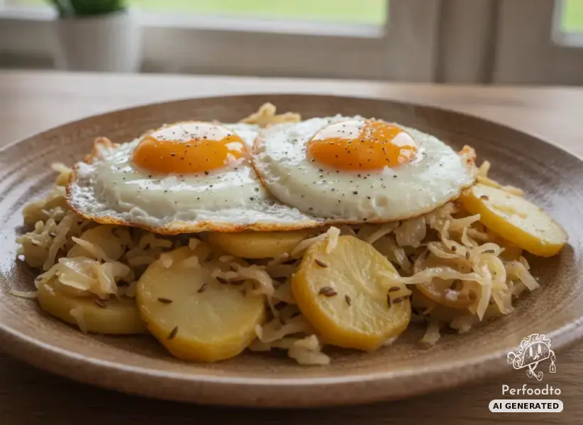 Hearty potato and sauerkraut skillet with fried egg