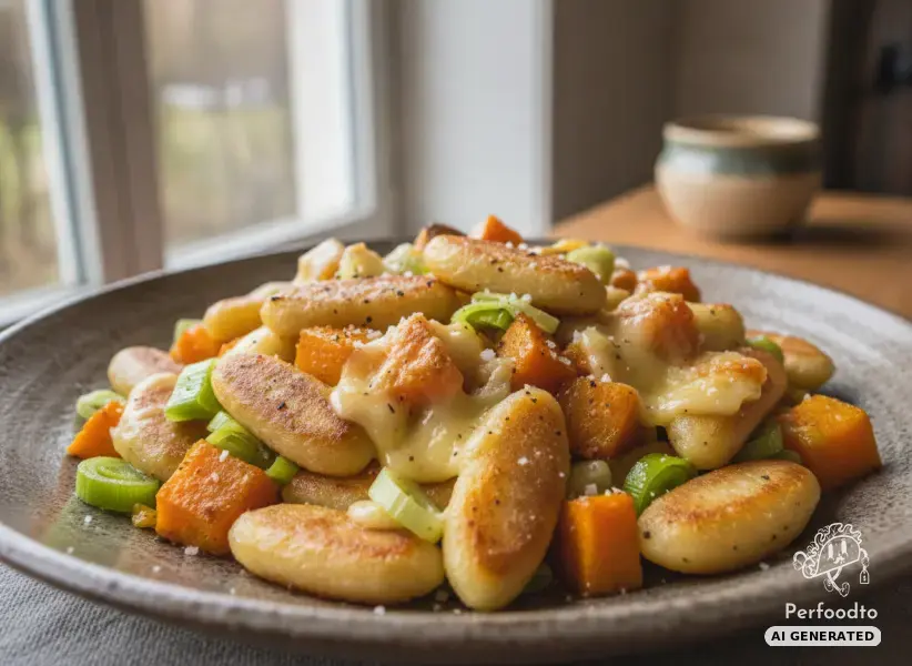 Golden potato noodle skillet with pumpkin and Emmental cheese