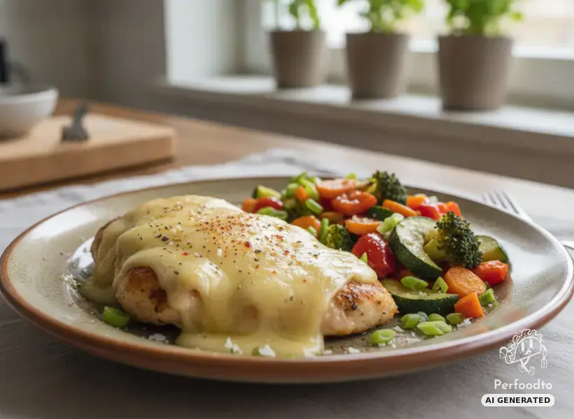 Baked chicken fillet with protein cheese and colorful vegetables